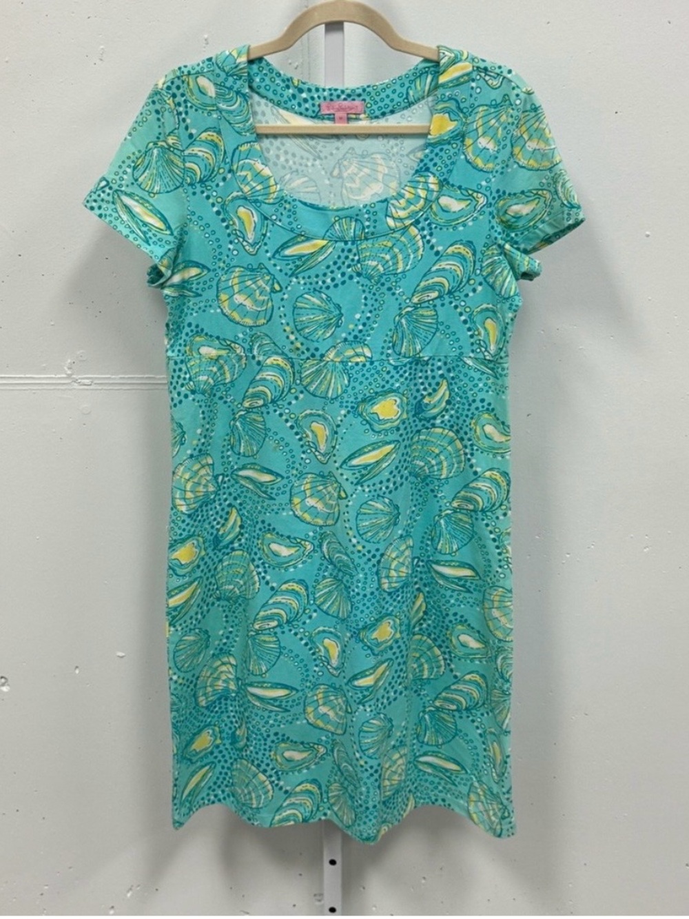 Lilly Pulitzer Sea Shell Print Empire Waist Cotton Jersey Dress Turquoise Medium